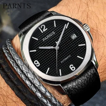 Водещ луксозна марка Parnis, 40-мм сребърен корпус, Автоматично мъжки часовници, Сапфирен кристал, Кожени Механичен Мъжки часовник reloj hombre