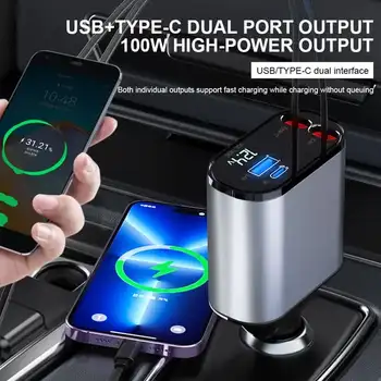 Выдвижное зарядно за Кола USB + TYPE-C с две пристанища с капацитет 100 W, Бързо, изход за зарядно устройство