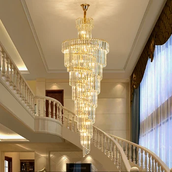 Голям Кристален Полилей на вилата, Модерен и луксозен окачен лампа във фоайето на Лофта, Начало декор, Дълго стълбище, led висящи лампи Злато