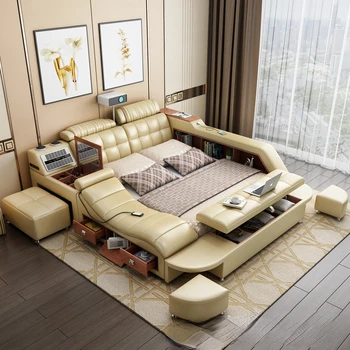 Голямо легло в основната спалня, интелигентен масаж, Многофункционални висококачествени татами, модерна проста кожена легло-проектор