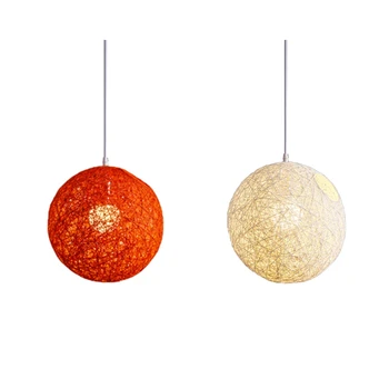 Гореща 2X Бяла/Оранжева полилей от бамбук, ратан и коноп с топки, Индивидуалното творчество, Сферична лампа от ратан