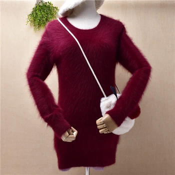дамска мода, вязаный кожа ангорского заек, с дълъг ръкав, тънка блуза, пуловер със средна дължина, жилетка, пуловер, рокля притягивающее