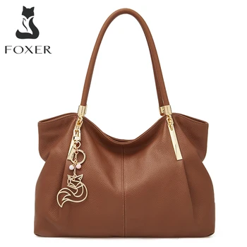 Дамска чанта FOXER от естествена кожа, дамски чанта с дръжка от телешка кожа с голям капацитет, елегантна женствена чанта за пътуване.