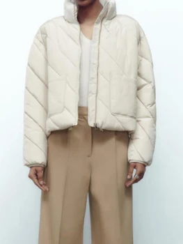 Дамски naka яке с цип с дълъг ръкав и яка-часова, стеганое палто с джобове, есенно-зимна топла горна дреха