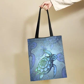 Дамски голяма дългогодишна пазарска чанта Yikeluo с цветен модел синя костенурка, сгъваема моющаяся холщовая чанта-тоут, ежедневна чанта с животни
