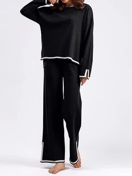 Дамски дрехи от две части, пижамные комплекти, пуловер с кръгло деколте, риза с дълъг ръкав и широки панталони с висока талия, комплекти за почивка