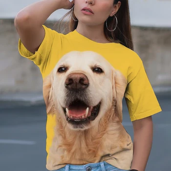 Дамски ежедневни красива тениска от полиестер с 3D-принтом под формата на животни и сладък куче, дишаща през цялата деколте, къси ръкави