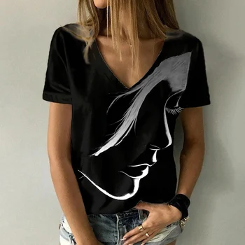 Дамски Ежедневни тениски с V-образно деколте в стил харадзюку с абстрактно принтом, ежедневни свободна ежедневни риза с къс ръкав, дамски