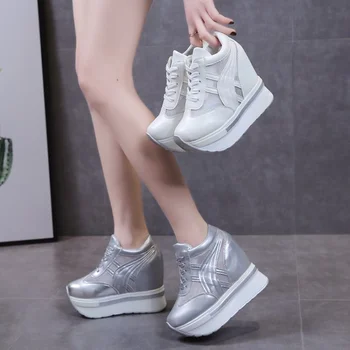 Дамски обувки на платформа, обикновена дишащи балет апартаменти дантела, увеличаване на растежа, Модни удобни обувки за ходене Zapatos Mujer