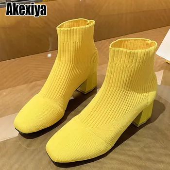 Дамски обувки обувки с еластична пръсти Дамски обувки Жълти възли обувки на квадратен ток Еластични памучни ботуши Дамски обувки