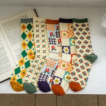 Дамски пасторални чорапи-тръбички с анимационни шарени, разнообразни ежедневни ромбове, 1 чифт