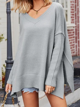 Дамски пуловери оверсайз с дълъг ръкав и V-образно деколте, обикновена плетени пуловери, свободни джъмпери, върхове