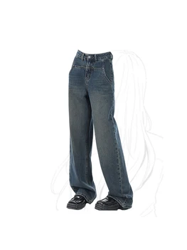 Дамски реколта сини дънки Harajuku Градинска дрехи на 90-те години, дънкови панталони оверсайз с висока талия, модерни широки широки каубойски панталони 90-те години на Y2k