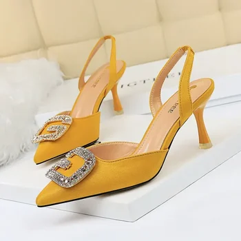 Дамски сандали на висок ток 7 см, женски, сини сандали с нисък ток, лятна рокля за нощен клуб с кристал в ключалката, Жълти вечерни обувки