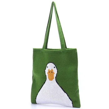 Дамски Скъпа мультяшная патица, чанта-тоут с горната дръжка, дамски тийнейджърката зимна Реколта Ретро-селска Аниме-задължителен, стилна зелена чанта Kawaii