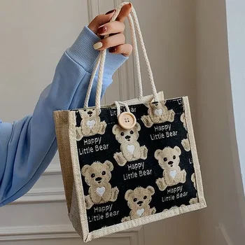 Дамски холщовая чанта с сладък мечок, преносима чанта за момичета, ежедневна чанта за обяд с голям капацитет, чанти за подмишниците, чанта-тоут, чанта-тоут