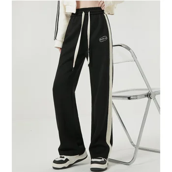 Дамски черен панталон-карго, с панталони на райета с висока талия, американски широки панталони, модерни дамски Зимни сиви прави панталони 2023 година
