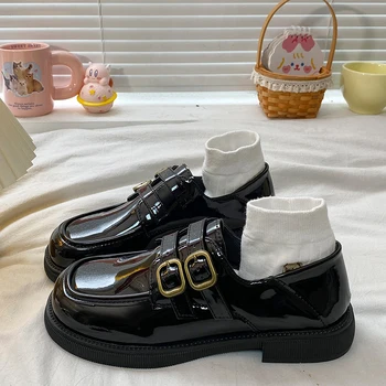 Дамски черни обувки на равна подметка, Лоферы с кожа, Ежедневни дамски обувки с кръгло бомбе, дамски обувки, сабо, в британския стил