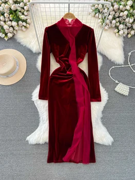 Дамско Елегантно Есенно-зимния Вельветовое рокля Foamlina, Шифоновое рокля в стил мозайка с V-образно деколте и дълги ръкави и набори, дебнещ вечерна рокля с цепка, Дебнещ рокля за парти