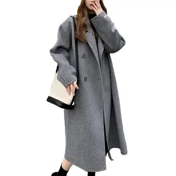 Дамско палто със средна дължина, със странични джобове, стилно дамско двубортное зимно палто, топло, с двойно ревера средна дължина за жени