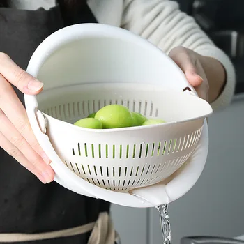 Двуслойни леген за измиване на зеленчуци Кухненска мивка с Въртящ се на Дренажна таз Кошница за съхранение на кухненските Органайзер