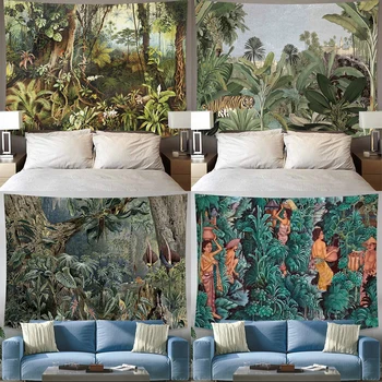 Декор на стените на хола в стил хипи, на Фона на тъкани, Естествени тропически гори, Зелените, Декорация на дома, Гоблен, окачен