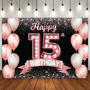Декорация на партита с 15-тия рожден ден на Розов Фон за банер от розово злато за момичета петнадесет-15 години, фон за снимки на Деня на раждане