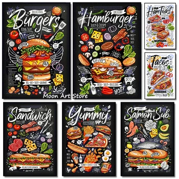 Десерт плакат за деликатеси, Хамбургер, пица, Тако, дъска, платно, живопис, HD Печат, модерна стенни художествена живопис, интериор на кухня на ресторант