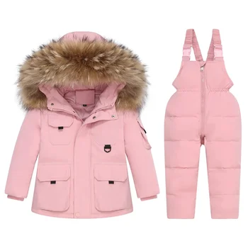 Детски зимни топли якета, комплект детски дрехи, 2 броя, утепленное палто с качулка за момчета, комбинезони, облекла за момичета, детски зимен костюм