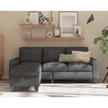 Диван за хол L-образна foldout разход на разтегателен диван от слоеной мебелна тъкан с ефект на паметта, мебели за комфортен дом, тъмно сив