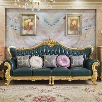 Диван, хол в европейски стил, с луксозна голяма кожена мебел за дневна, всички от масивно дърво с цвят на шампанско
