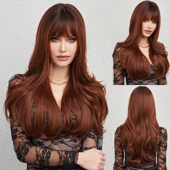 Дълги вълнообразни мек перука за жени Натурален червен кестен перука с бретон за дневни партита Удобни синтетични отгоре косата от высокотемпературного влакна