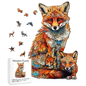 Дървен пъзел Warm Fox Family, творческа разнообразие от специални форми, креативни подаръци за момичета и момчета, подаръци за рожден ден за възрастни