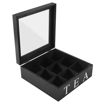 Дървена кутия за чай с 9 мрежи, Контейнер за съхранение на чай от пакетчета, Квадратна Подарък кутия, Прозрачна кутия за съхранение на бижута и горния капак-черен