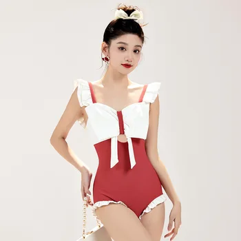 Едно парче бански за жени в модния корейски стил, затварящ корем, малки гърди, бански костюм с висока талия за горещи извори, новост 2023 година