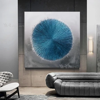 Едно парче домашен декор, монтиран на стената художествен плакат, рисувани ръчно абстрактно син кръг, живопис с маслени бои върху платно, подвесная картина за хола, Процесът на