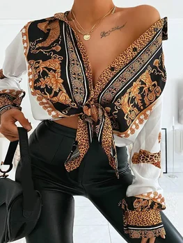 Ежедневна риза с леопардовым принтом в стил барок, дамски ежедневни блуза с отложным яка и дълъг ръкав, потници, градинска облекло