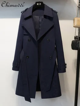 Елегантен тренч за офис дама, пролет и есен 2024, Ново британски стил, модни палта със средна дължина на свободния намаляване с дълъг ръкав