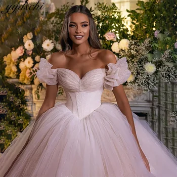 Елегантна бална рокля на принцеса с пищни ръкави във формата на сърце и пайети, сватбени рокли 2024 г., Тюлевые сватбени рокли с влак за придворни за жени