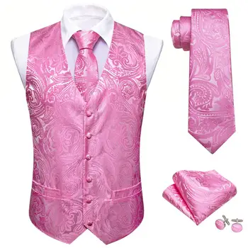 Елегантна мъжка жилетка, копринена розова сватбена жилетка с пейсли, вратовръзка, костюм без ръкави, сако, мъжко облекло Бари Уонг