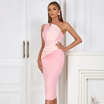 Елегантна секси розова дълга рокля 2023 г., лятна рокля от вискоза с къдри на едно рамо, бандажное рокля за парти по случай рождения ден
