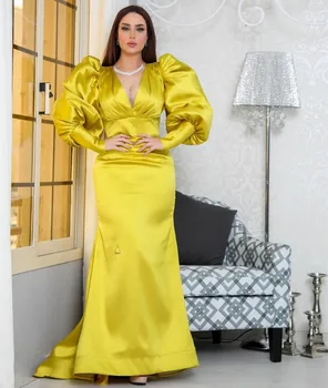 Елегантни дълги вечерни рокли от жълт сатен с V-образно деколте, секси вечерна рокля с цип 
