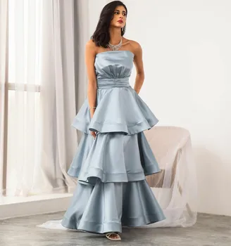Елегантни дълги сини сатенени нагънат вечерни рокли с трапецовидна форма, с назъбени нива, с дължина до пода, с цип отзад, за бала, за жени