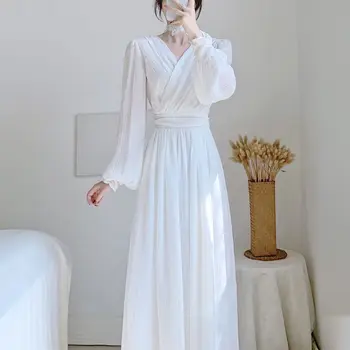 Елегантни рокли за жени 2023 Пролетната мода Бяла рокля Френски стил, Луксозни и шикозни дамски официални рокли Дълъг халат casual 원피스