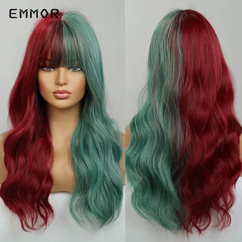 Еммора cosplay перуки половината зелен, половината червен парти на косата на перука за жени, натурални топлоустойчива влакна перуки Лолита Хелоуин и перука