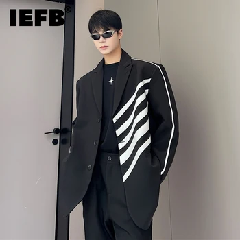 Есенни нови тенденция на мъжки блейзери IEFB, Стилен индивидуален дизайн, свободни топове асиметрично в контрастен цвят, всекидневен костюм, палто 9C1080