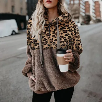 Есенно-зимни дамски модни 2023, сексуална hoody с качулка на цип с леопардовым модел в цвят блок, всекидневни удобен универсален топ