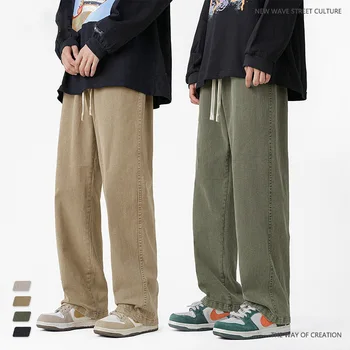 Есенно-зимни мъжки памучни дънки, свободни ежедневни кафяво-зелени дънкови панталони за мъже, панталони с еластичен колан