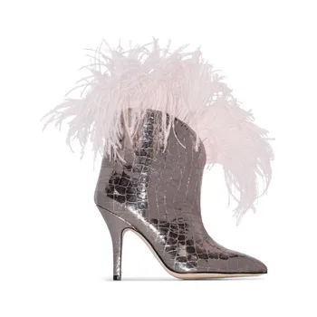 Есенно-пролетни нови дамски обувки с остър пръсти от страусиной вълна на тънък висок ток, модни пикантни обувки за подиум, велур/Кожени обувки, размер 34-43