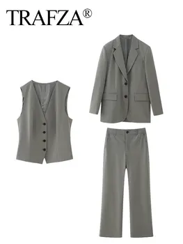 Есента модерен сив женски блейзър TRAFZA, жилетка от костюм, однобортный сако с дълъг ръкав, дамски панталони с висока талия и странични джоб